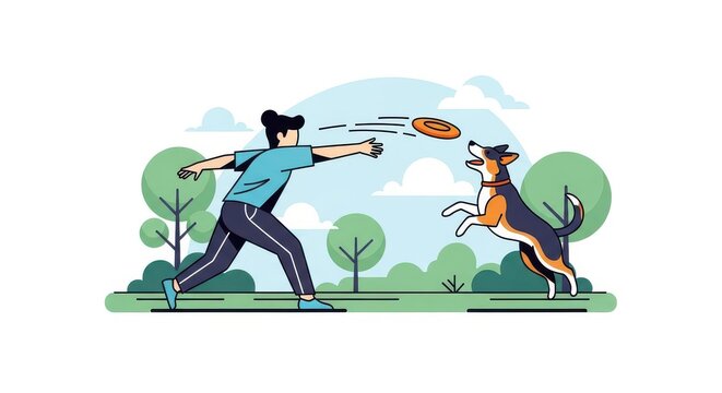 Person throwing flying disc for happy canine companion in green outdoor setting
