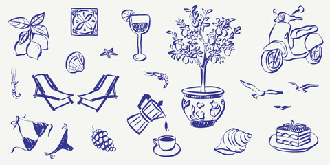 Sketch style summer icons featuring beach scenes, sea elements and doodle art. Vintage vacation graphics with Italian coastal vibes, hand drawn waves and Mediterranean charm. © Olga Rai