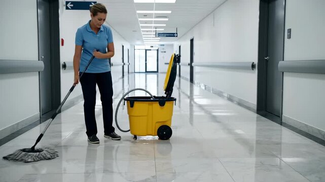 Woman Cleaning Hospital Corridor with Mop and Bucket.
