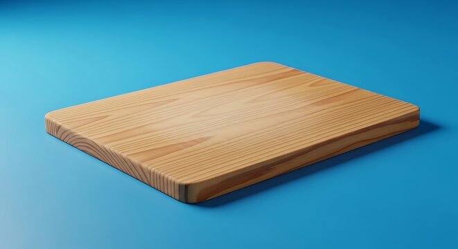 A wooden cutting board stands alone on a blue background viewed from a slight angle