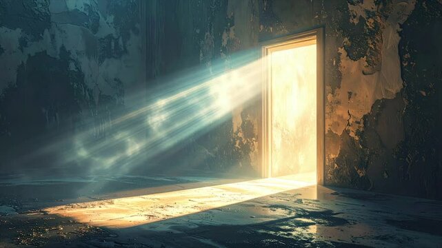 A dilapidated room reveals a sunlit doorway with dramatic beams of light piercing through