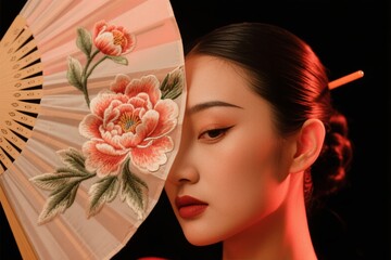 Fototapeta premium Portrait of a woman with traditional fan featuring floral embroidery, soft lighting, and elegant hairstyle