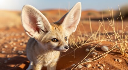 Obraz premium Young mammal with disproportionately large ears stands alertly in a sunlit arid environment