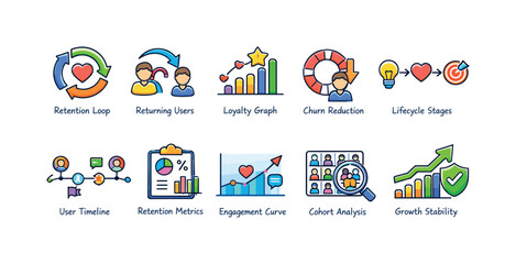 Fototapeta premium Lifecycle stages filled icon set. user retention, growth analysis icons for business.