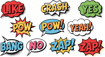 Fototapeta premium Collection of colorful comic speech bubbles and sound effect graphics with bold words, dynamic vector design for action, emotion, and emphasis
