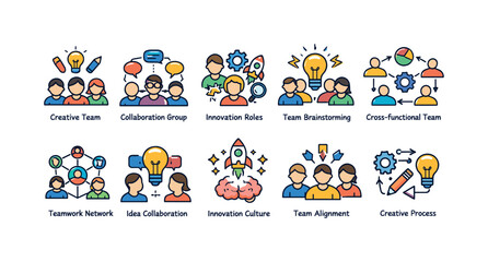 Fototapeta premium Teamwork and innovation flat icon set. creative, collaboration, idea generation icons.
