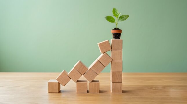 Wooden blocks stacked with a plant on top, symbolizing financial growth decline