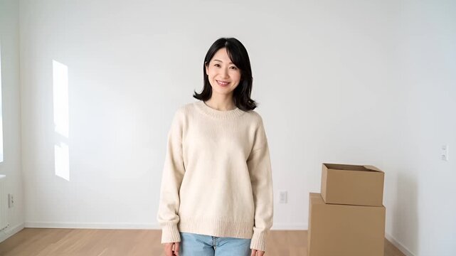 白壁と明るい木床のミニマルな室内で、段ボール箱の横に立つ30代日本人女性のポートレート映像。
画面右に人物、左側に大きなコピースペースを確保した商用向け構図。
フレーム外からの自然光が差し込み、肌の質感や自然な陰影をリアルに表現。