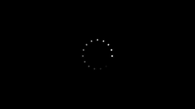 Minimalist dotted circular loading spinner animation on black background with video animation.