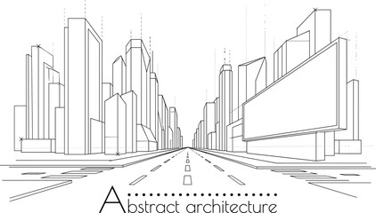 Fototapeta premium Professional black vector architecture background of urban highway leading into city skyline with large roadside billboard frame