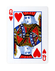 Close up view of a single standard playing card featuring the Queen of Hearts design with intricate traditional detailing and vibrant red suit symbols&nbsp;