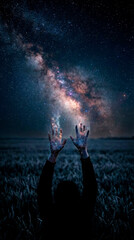 Silhouette of person reaching hands toward Milky Way galaxy in night sky over open field suitable for spiritual blogs, astronomy education, meditation apps, cosmic awareness campaigns, fantasy book co