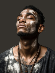 Obraz premium Artistic portrait of a young Black man with white ash on his face. Peaceful eyes closed expression, cross necklace, and distressed clothing. Dramatic lighting on dark background