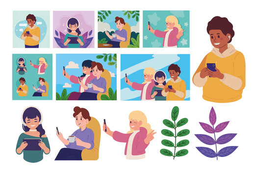 People with Cellphone Illustration Design Set