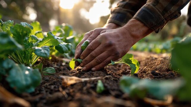 Farmer hands transplanting young leafy seedling in garden bed at golden hour close up 60fps