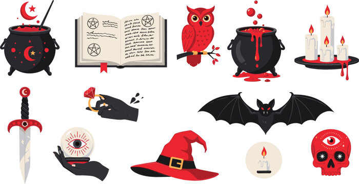 Flat vector illustration set of mystical witchcraft and gothic occult icons including a cauldron magic book bat crystal ball and red witch hat.