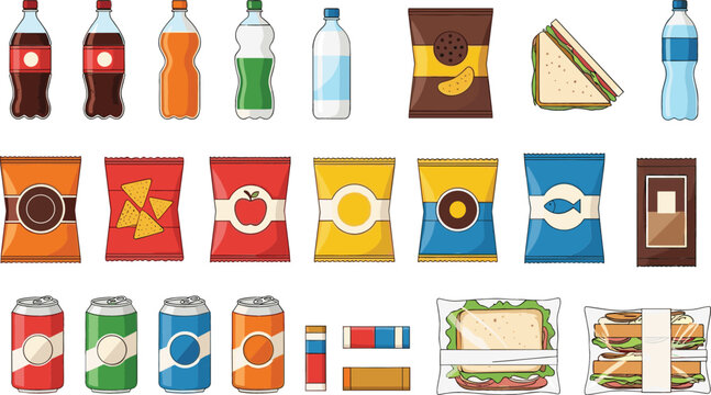Flat vector illustration set of snack food and drinks including soda bottles colorful chips packages sandwiches cans and sweets isolated on white background.