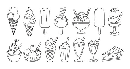 Hand drawn ice cream line art icons collection featuring various cones sundaes popsicles and sweet snacks