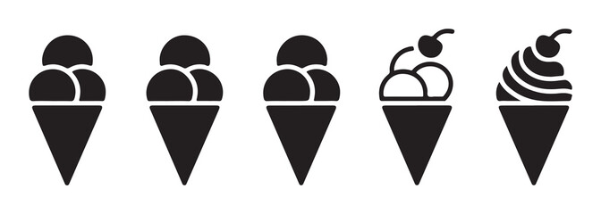 Five black solid ice cream cones single double triple scoops cherry swirl vector illustration isolated on white