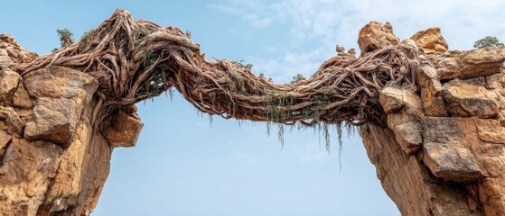 Fototapeta premium Bridge of Living Tree Roots and Glass Connects Cliffs as a Metaphor for New Paths in Life and Hope for Those Seeking Change