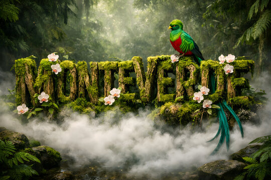 Mossy Wood 3D Text Monteverde in Thick Cloud Forest Mist with Quetzal