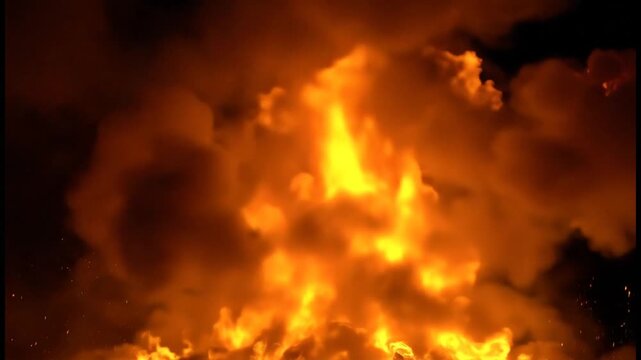 Intense fire with flames and smoke at night.
