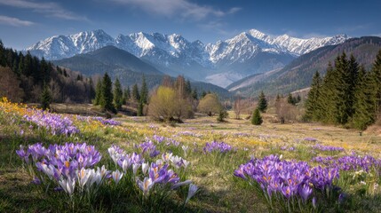 Obraz premium Mountain Meadow With Wild Crocuses and Snow Peaks in the Distance During Springtime With Fresh Air