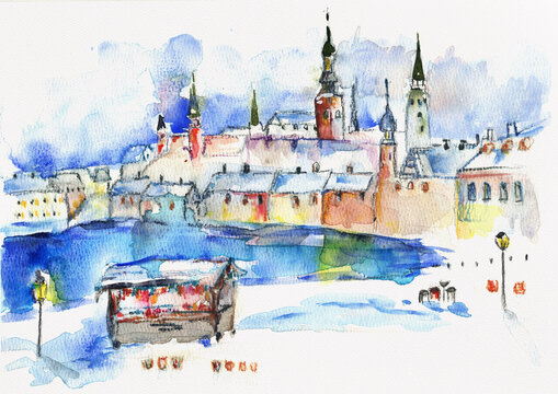 Hand Painted Watercolor of Tallinn Old Town, Estonia - Medieval Baltic Skyline Cityscape with Waterfront Reflection