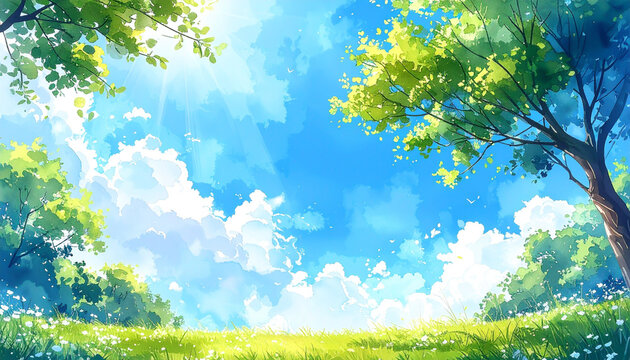 草原と青空が広がる爽やかな自然の風景　水彩画風イラスト