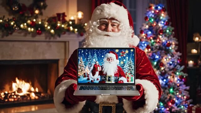 Santa Claus Shows Off Laptop Computer During Christmas.