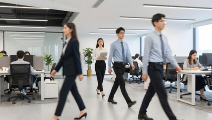 Fototapeta premium Business people walking in modern office space with coworkers working at desks