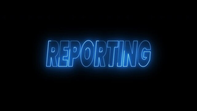 Reporting and forecasting text animation against black background. 4k animated typography is perfect for social media opener videos, presentations, or articles on journalism and news.