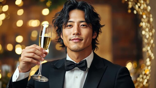 Elegant celebration: handsome man toasting with champagne in festive atmosphere
