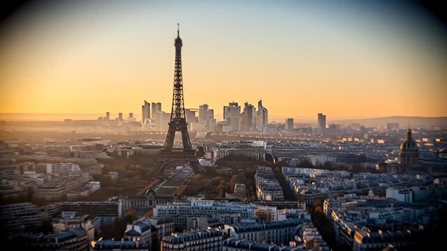 Parisian Vista at Sunset: The iconic Eiffel Tower stands majestically against the backdrop of a sprawling cityscape, its intricate ironwork outlined by the warm hues of a setting sun.