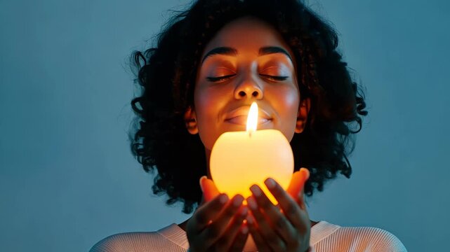 Serene woman embracing candlelight for mindful meditation and tranquility