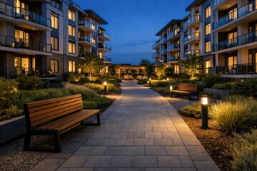 Fototapeta premium Apartment courtyard at dusk