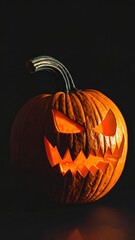 Illuminated jackolantern on a wooden surface with a smoky background for halloween