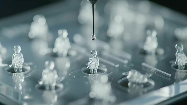 A high-tech automated micro-pipette precisely dispenses liquid onto a multi-well plate, crucial for advanced organoid drug screening in a modern scientific laboratory.