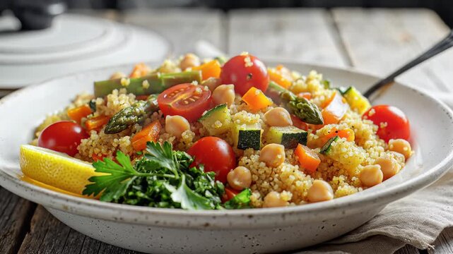 Close up of a colorful vegetarian couscous dish in a white bowl on a wooden surface
