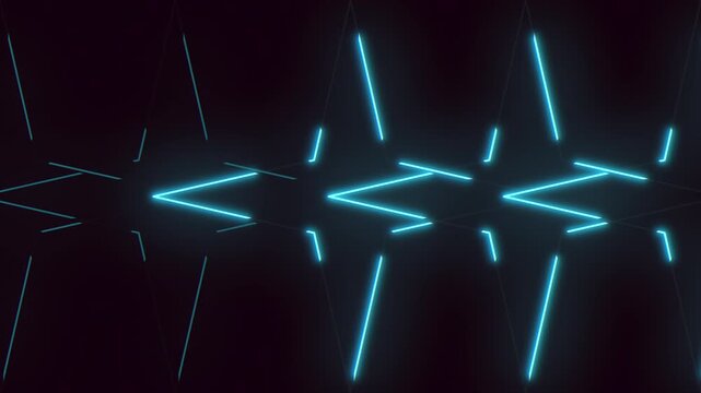 Futuristic neon blue arrow light pattern on dark background, seamless motion