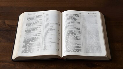 Fototapeta premium Open book with unreadable text on a wooden surface creates a vintage atmosphere