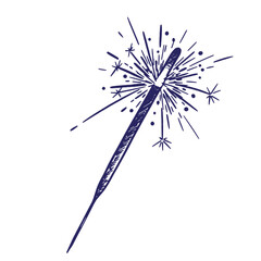 Blue sparkler with sparks and stars on white background