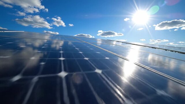 Solar Panels Under a Bright Blue Sky with Clouds and Sun.