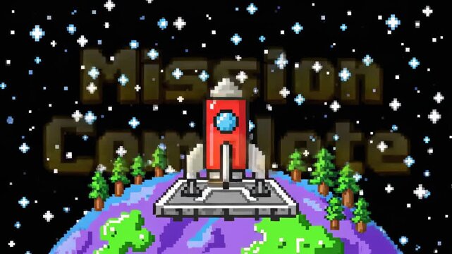 Pixelated Rocket Launching From Planet Earth Into Space.