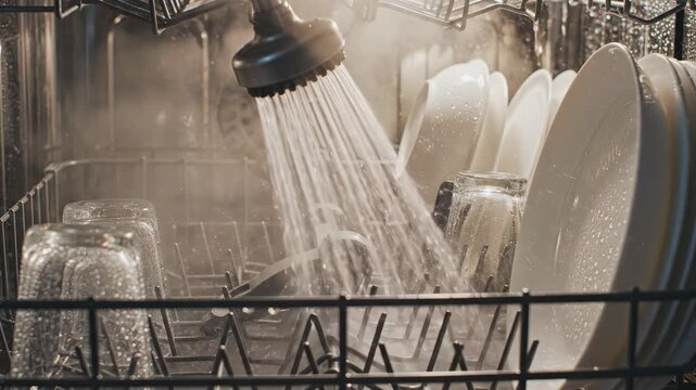 Washing dishes in a modern kitchen sink with running water.