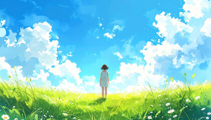 草原に立つ後ろ姿の女性と青空　水彩画風イラスト