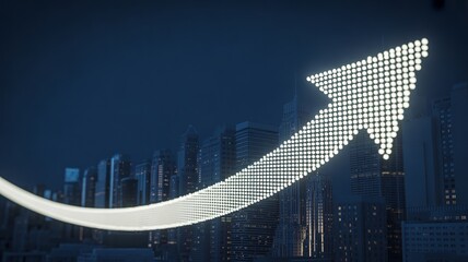Glowing arrow points upward in modern cityscape at night