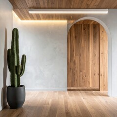 Minimal Modern Interior With Potted Cactus, Wooden Arched Doorway And Warm Ambient Lighting