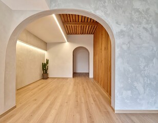 Minimal Modern Interior With Potted Cactus, Wooden Arched Doorway And Warm Ambient Lighting
