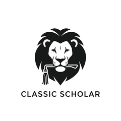 Fototapeta premium Lion head silhouette biting a graduation tassel cord for elite academic school logo Classic Scholar